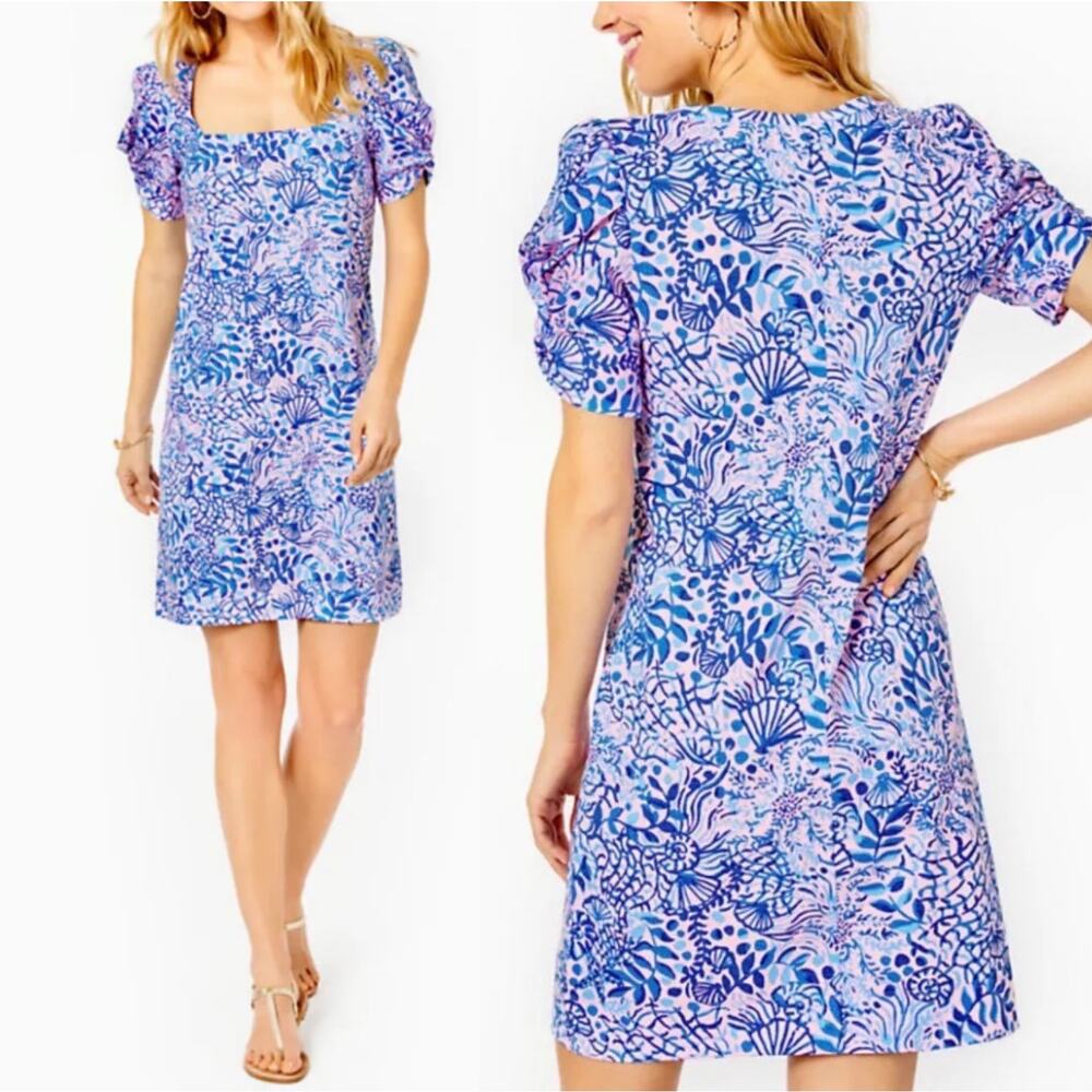 Lilly Pulitzer Haydn Mini Dress Short Puff Sleeve Blue Oceanscape Print Pink XL